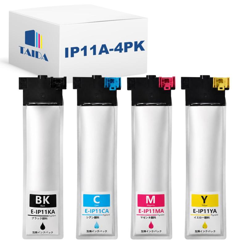 TAIDA IP11 IP11A EPSON用 互換インクパック 全色顔料 大容量【商品内容】Epson用 IP11 IP11A インクパック (IP11KA IP11CA IP11MA IP11YA) 全色顔料 大容量 4色セット。【対応機種】エプソン PX-M887F PX-S887 プリンター。ご購入前に機種をご確認ください。【増量タイプ】IP11KAブラックインクパックの印刷可能枚数は約3,000枚（容量：70ML）、IP01CA IP01MA IP01YA カラーインクパックは約 3,000枚（容量：50ML）A4 印字率 5％。【製品特徴】TAIDAのインクカートリッジ：増量タイプ、最新型ICチップ付き、インクの残量表示可能、高品質で経済的な商品を提供していきます。こちらは純正品ではありません。純正インクと同時に使用可能です。【個別包装】安心の個別包装で、長期保存に適用し、製品表面の破損、インク漏れ、ICチップにこすることなどの問題も最大限避けます。【2年品質】国際規格ISO9001、14001(品質・環境マネジメント)認定を取得した自社工場に生産されております。ご購入日から2年の期間がございます。商品交換・も可能です。万が一がある場合は、遠慮なくぜひご連絡をお願いいたします。