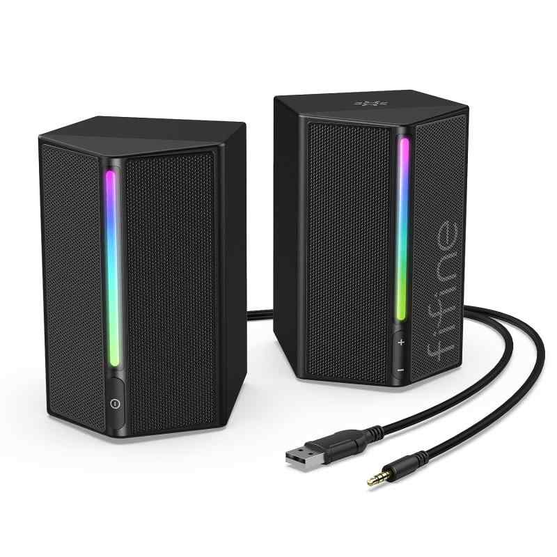 FIFINE ゲーミングスピーカー 有線 3.5mm接続 ステレオスピーカー 重低音 RGBライト制御可能 USB給電 PC/スマホ/テレビに対応 ゲーム/音楽/映画鑑賞 ブラック AmpliGame A20