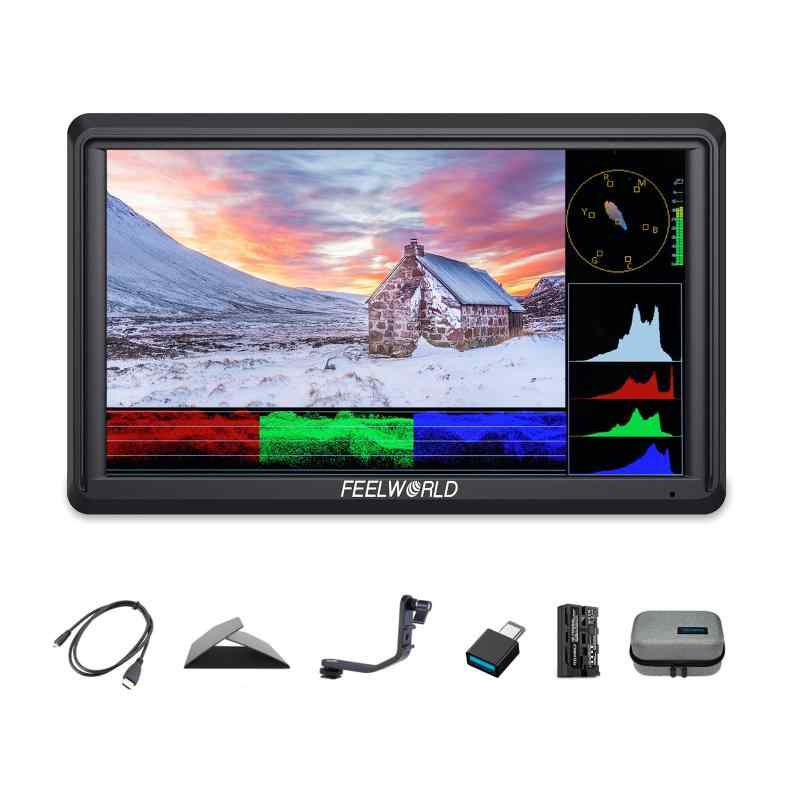 FEELWORLD FW568 6インチDSLRカメラ小型フィールドモニター3D LUT波形ベクトル図フルHD1920x1080 4K HDMI入出力（F550バッテリーと収納袋付き）【高解像度】6インチ16:9ディスプレイは、解像度1920x1080、輝度450cd/m2、コントラスト比1000:1。 全画面表示は均一で、ズレや軌跡がありません。【プロフェッショナルなビデオ機能】プロフェッショナルな合成・露出ツール一式（波形、ベクトル、RGBヒストグラム、輝度ヒストグラム、オーディオコラム、ピークフォーカス、ズーム、ゼブラ、疑似カラー、セーフフレームなど）、3D LUT読み込み、アナモフィックワイドスクリーン復元機能を搭載します。【マルチ電源方式】DC12V電源入力（12V/1.5Aアダプター用）に加え、FW568はF970/LP-E6互換のデュアルパーパスバッテリースナップオンプレートを搭載し、5V Type-C入力に対応しています。 また、DC電源出力ポート経由でデジタル一眼レフカメラやマイクロ一眼レフカメラに給電することもできます。【4K HDMI入力とループ出力】 4K HDMI入力とループ出力ポートにより、ライブ信号を表示するだけでなく、ビデオソース信号を同期して他のデバイスに出力することができます。【パッキングリスト】1×マイクロHDMIケーブル、1×F550バッテリー、1×収納バッグ、1×シェード、1×マウントブラケット、1×Type-C to USB、1×説明書。