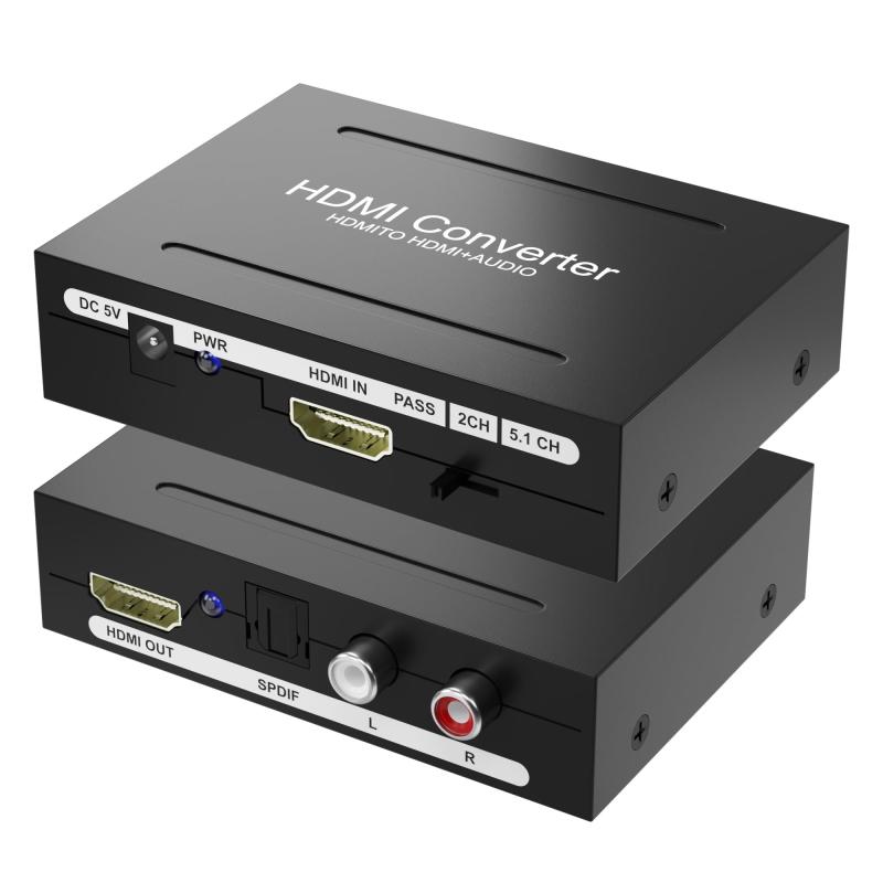 HDMI 音声分離 HDMI 音声分離器 HDMI 光デジタル 変換 4K対応 光デジタル+L/Rアナログ音声出力【音声分離ができるHDMI音声分離器でよりいい音を】HDMI音声分離器は、パソコンや家庭用ゲーム機などのHDMI信号をそれぞれ映像信号と音声信号に分離し、通過させる事が可能なデバイスです。本機を中継することで、音声信号を分離させることが可能。　ステレオアンプや5.1chホームシアターセットなどのオーディオシステムと接続することで、映画やゲームなどの音声を迫力のサウンドで楽しむことができます。【簡単な接続ですぐ音声分離が可能】光デジタル音声またはL/Rアナログ音声で出力し、アンプに接続可能。音声分離機能搭載のHDMIセレクターは複数のHDMI端子と音声出力端子が搭載されており、映像・音声の出力先を分けられます。HDMI入力：Blu-rayプレーヤー、DVD、HDプレーヤー、Apple TV、PS3 / 4 Pro、Xbox、PC /ラップトップ、Roku、HD DVRなど。 HDMI出力：フルHD TV、モニター、プロジェクター。オーディオ出力：スピーカー、アンプ、サウンドバーまたはその他のサウンドシステム。ソフトウェアのインストールも不要で、接続するだけで使用ができます。ご注意：Fire Stick シリーズ、Chromecast、Chromecast Ultra、Blu-ray VCRに未対応です。【4K @30Hz HD解像度・大画面ディスプレイに対応】最近のモニターやテレビの多くは、4Kに対応しています。そのため、より美しい映像を楽しみたい場合は、HDMI 音声分離 も4Kに対応したモデルを選択するのがおすすめです。弊社のHDMI 音声分離器は、HDMI端子最大解像度は4K@30Hzです。元のHDMI信号（映像・音声）はそのままディスプレイ・プロジェクターなどに出力しつつ、HDMI音声を分離しAVアンプやスピーカーへ出力することで迫力あるサウンドを楽しむことができます。【3パターンでの音声出力が可能】：HDMI 音声分離器は、用途に合わせた3つの音声通過モードがあり、お手持ちの機器に合わせて切り替える事ができます。PASS：ソース機器からのHDMI音声源を製品に経由してそのままHDMI信号を出力します。2CH：ご利用のモニター/アンプ/スピーカーが5.1CHに未対応だと、ソース機器の音声出力モードをPCM/LPCMにするのが必要です。製品の音声モードを2CH、PASSにすると、音声を出力することができます。5.1CH：ご利用のモニター/アンプ/スピーカーが5.1CHに対応できます。それにソース機器の音声源も5.1CHの場合、製品の音声モードを5.1CH、PASSにすると、音声を出力することができます。【汎用性のある音声分離器】熱を伝えやすく長持ちできるHDMI 光デジタル 音声分離器です。本体外装に金属素材を採用。コンパクトなサイズ・軽量設計により、出張時・旅行時でも気軽に持ち運べます。HDMI音声分離器の電力が不足すると、出力に影響が出てしまうこともあります。映像やゲームを快適に楽しむためには、給電ポートが搭載されており、外部給電可能なものがおすすめ。ご注意：HDMI音声分離器 をお使いの際に付属したUSB ケーブルにて製品にご給電ください。