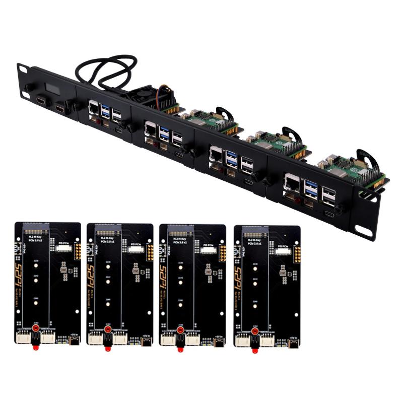 GeeekPi 19インチ 1U ラックマウント Raspberry Pi 5用 PCIe to M.2 NVMe SSDアダプター4個 OLEDディスプレイ 19インチサーバーラック対応