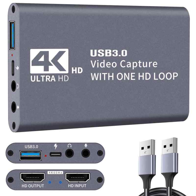 C.CURTING 4K@60Hz HDMI キャプチャーボード USB3.0 60FPS ゲームキャプチャー ビデオ フルHD ビデオキャプチャー 内蔵 ゲーム実況生配信、会議、ライブビデオ配信、画面共有、録画に適用 Switch、Xbox O【4K@60FPS HD 高品質】強化版最大4Kの解像度でビデオ ソースをキャプチャします。最大入力解像度：4K@60FPS。USB3.0ポートを使用し、1080p/60fpsの高画質録画を実現。PS4、PS3、Xbox One、Xbox 360、Wii U、DVD、DSLRカメラ、ビデオカメラなどのすべてのHDMIデバイスに適しており、PCで高品質に録画できます。【5Gbps高速なUSB 3.0】高速USB 3.0テクノロジーに基づいて、シングルチャンネルHDMIビデオ信号をキャプチャできます。最大速度は5Gbpsに達するため、遅延がほぼなく、Twitch、Youtubeでのライブ配信が簡単にできます。【強力な互換性】HDMI キャプチャーボードは、PS4、Xbox、Nintendo Switch、その他の家庭用ゲーム機からのビデオ/オーディオをコンピュータに表示、録画/ライブストリーミング（ライブ）することができます。 優れた低遅延テクノロジーにより、Twitch、Youtube、Facebook、Twitter、OBS、Potplayer、VLC へのライブ ストリーミングが簡単になります。【プラグアンドプレイ】使いやすく耐久性があり、コンパクトなデザイン、電源不要、ドライバーのインストール不要、持ち運びが簡単です。【実況マイク入力対応】キャプチャーボードにはマイク入力があり、ゲーム中に外部実況を追加するために使用できます。 ご注意ください: 3.5mm TRS 標準マイク ヘッドセットのみを受け入れます。