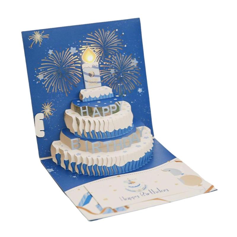 誕生日カード バースデーカード happy birthday 3D ケーキ 封筒付き ライト付き 音楽付き メロディ お祝い ポップアップカード♡セット内容：誕生日カード×1枚（15*15cm）、メッセージカード×1枚（10*6cm）、0-9 数字カード×2枚、封筒×1枚（16*16cm）。♡カードを開いたら左側の絶縁ストリップを抜くと、ろうそくが点灯します。そのろうそくに向かって息を吹きかけると、花火が点滅し始め、音楽も流れ始めます。「サプライズ」というエキサイティングな要素が加わり、誕生日のお祝いがより一層思い出深いものになります。♡開くと「HAPPY BIRTHDAY」の音楽が流れるバースデーカード、誕生日に驚きをもたらします♡自由に取り外し可能な数字で、さまざまなオブジェクトの年齢に応じて異なる番号を選択して、グリーティングカードのケーキに挿入し、最高のセレモニー感覚を実現できます。♡3D立体デザインで、3層のケーキが彫られたスタイリッシュなバースデーカード、数字カードと組み合わせて使用することもでき、子供から友人、恋人まで大切な人に贈るプレゼントとして最適です。