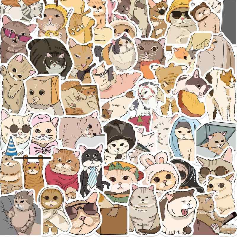 ティーンエイジャーから大人まで使えるかわいい猫ステッカー50枚セット、防水ビニール製、キュートな漫画風子猫ステッカー 水筒、ノートパソコン、スーツケース、ギター、スマホなどに