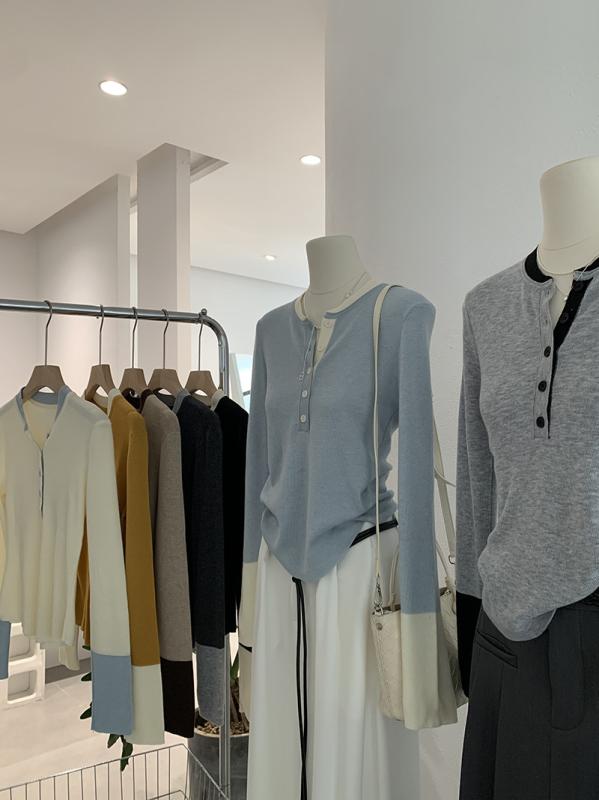 ニット レディース トップス 丸首 長袖 切り替え バイカラー 秋服 韓国ファッション スリム見え プルオーバー カジュアル きれいめ おしゃれ vision-stores-10426023 ビジョンストア パッケージ画像