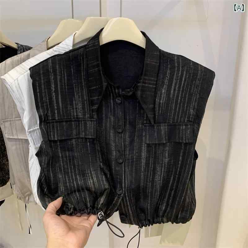 シャツ レディース 春夏 ストライプ 小飛袖 ノースリーブ トップス 襟付き ブラウス 前開き ボタン ウエストマーク ウエストシェイプ ドローストリング 裾シャーリング 細見え 着痩せ効果 薄手 涼しい カジュアル フェミニン デイリー きれいめ vision-stores-10423287 ビジョンストア サンプル画像2