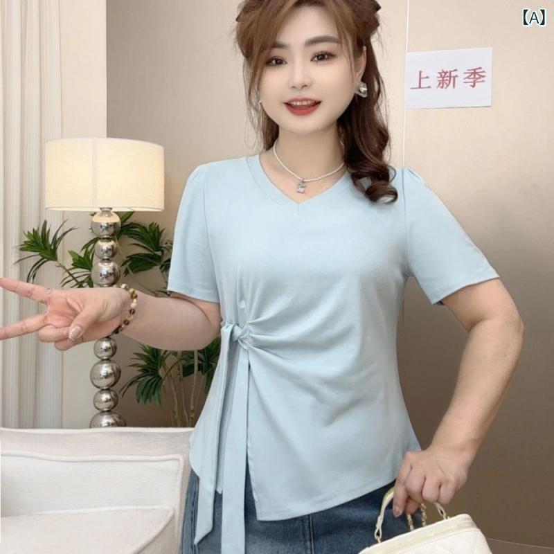 Tシャツ レディース 半袖 トップス カットソー プルオーバー チュニック レディース ゆったり 大きいサイズ プラスサイズ 不規則 アシンメトリー タック シャーリング 綿 コットン 夏服 Vネック スリット 薄手 カジュアル ナチュラル