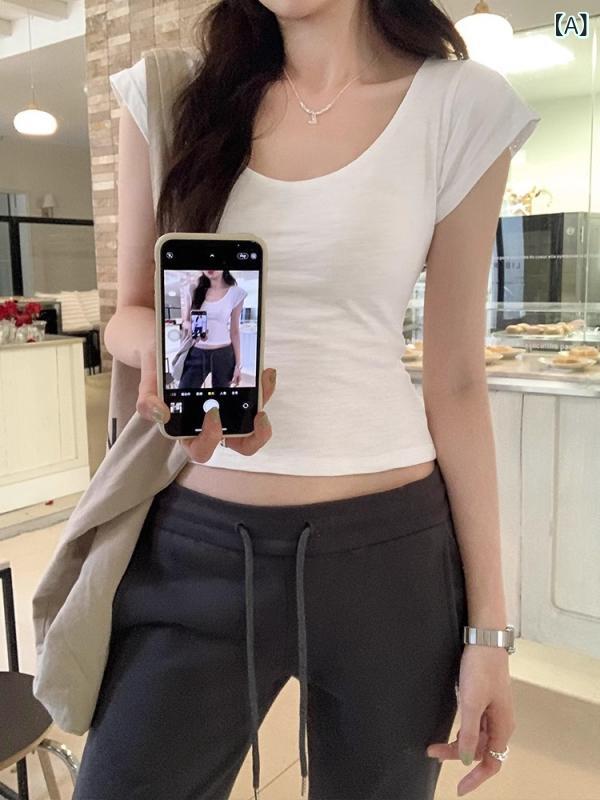 Tシャツ レディース カットソー 半袖 Uネック ラウンドネック 無地 ショート丈 ハイウエスト タイト スリム プルオーバー トップス 春夏 サマー インナー 部屋着 カジュアル シンプル 着痩せ かわいい vision-stores-10430147 ビジョンストア サンプル画像2