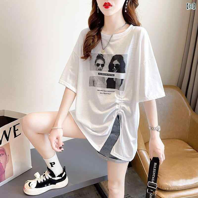 Tシャツ レディース 半袖 トップス チュニック カットソー プルオーバー ドローストリング スリット クルーネック ゆったり 大きいサイズ ビッグシルエット 薄手 伸縮性 ストレッチ カジュアル 春夏 サマー vision-stores-10209000 ビジョンストア サンプル画像3