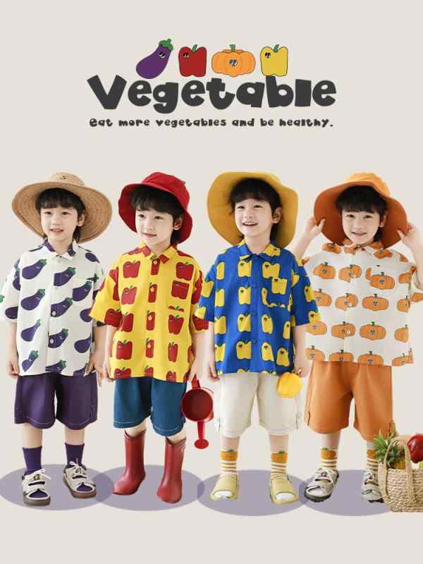 シャツ 男の子 キッズ 子供服 半袖 襟付き 接触冷感 トップス フルーツ 野菜 プリント 軽量 薄手 通気性 涼しい サマー 普段使い カジュアル 短パン ハーフパンツ ズボン ボトムス セットアップ 上下セット 動きやすい