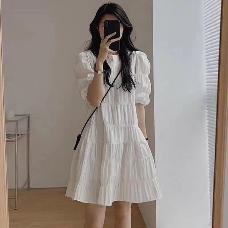 ワンピース レディース 春夏 膝丈 半袖 パフスリーブ ギャザー 絞り 裾フリル Aライン 痩せ見え 細見え 着痩せ かわいい フェミニン カジュアル レトロ フレンチ スタイル デート 通学 旅行 デート お出かけ お呼ばれ