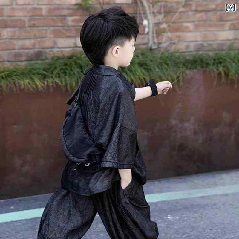 ビジョンストアのシャツ 男の子 セットアップ 七分丈パンツ 七分袖シャツ 2点セット 100cm-140cm 子供服 キッズ ジュニア 軽い 薄手 吸湿 通気性 柔らかい ゆったり カジュアル 普段着 通学 通園 お出かけ かっこいい｜アングル2