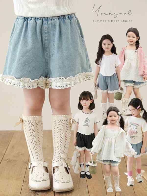 ・カテゴリ: 子供用パンツ・スタイル: 韓国風・素材: 綿74.9%・安全基準: A類・パンツ丈: ショートパンツ・対象性別: 女の子・対象年齢: 中小童（3～8歳、身長100～140cm）・スタイルタイプ: ジーンズ・生地加工: 柔軟加工・柄: 無地・ウエスト: ミドルウエスト・カラー展開: ブルー、ブラック・サイズ展開: 80cm、90cm、100cm、110cm、120cm、130cm、140cm