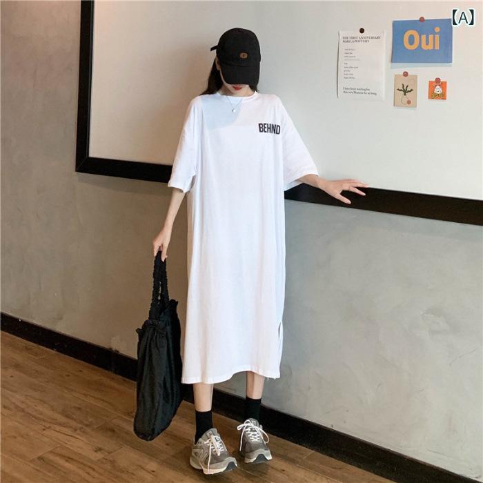 ワンピース レディース 春夏 半袖 膝下丈 ロング丈 カットソー Tシャツワンピース クルーネック スリット ゆったり 大きいサイズ 体型カバー カジュアル ルームウェア 部屋着 普段使い 無地 シンプル コットン混
