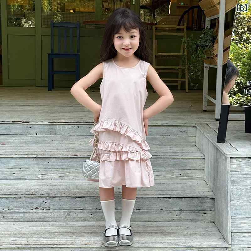 ビジョンストアのワンピース キッズ 女の子 子供用 ノースリーブ ノースリーブワンピース 袖なし プリンセスドレス フリル 不規則 切り替え アシンメトリー ギャザー スウィート かわいい お出かけ 普段着 レジャー｜アングル3