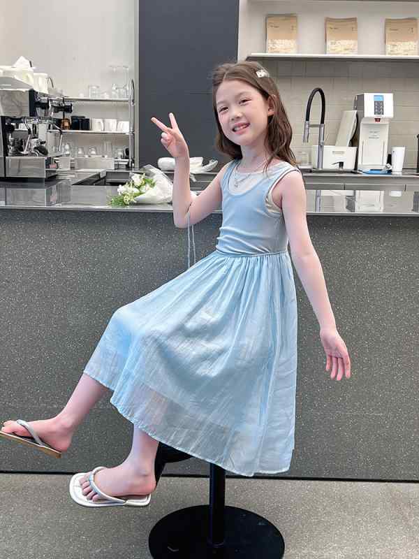 ワンピース 女の子 キッズ 子供 ノースリーブ 重ね着風 レース メッシュ プリンセス ロング丈 ジュニア テンセル 軽量 通気性 吸湿性 肌に優しい 夏 サマー かわいい おしゃれ カジュアル 普段使い