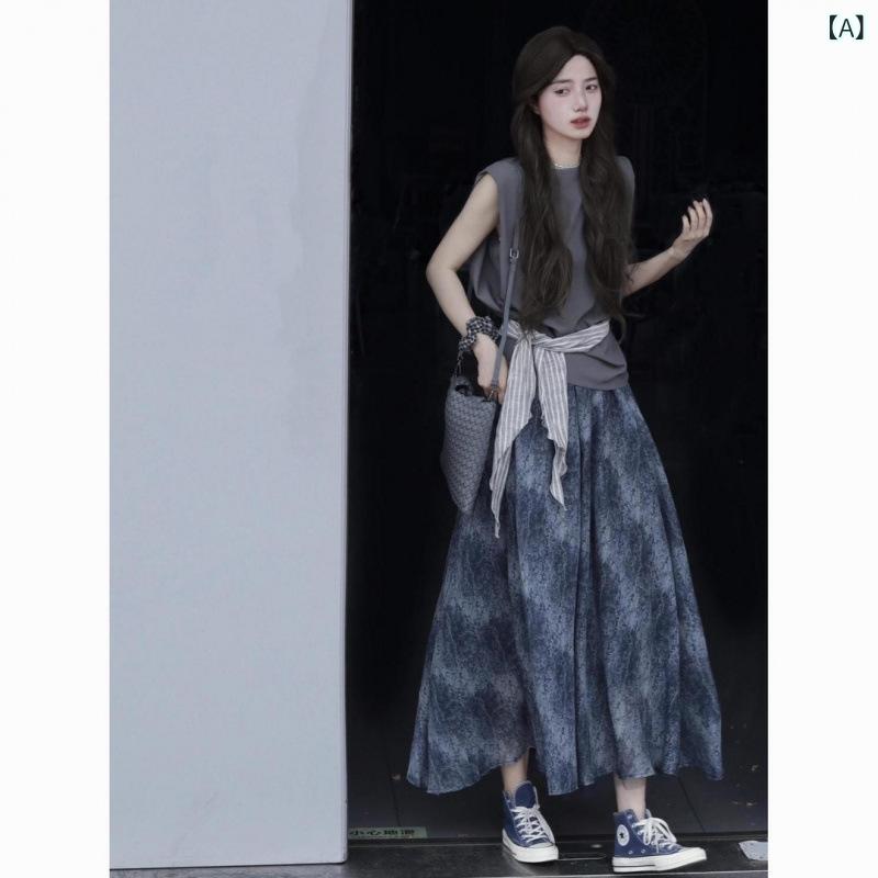 セットアップ レディース サマー ニット トップス 半袖 半身裙 ロング スカート 膝下 2点セット ボトムス 上下セット カジュアル 通勤用 オフィス 普段使い 体型カバー 着痩せ 細見え 伸縮性 通気性 春夏