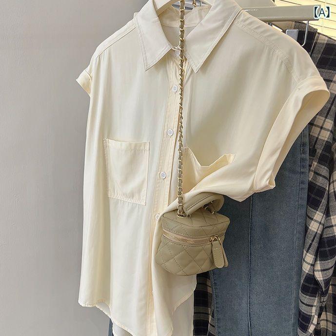 ビジョンストアのシャツ レディース 半袖 ポロネック 襟付き フレンチスリーブ 小飛袖 シフォンブラウス カットソー プルオーバー トップス ゆったり 抜け感 お洒落 カジュアル フェミニン 通勤 オフィス 通学 普段使い 薄手 無地 春夏｜アングル2