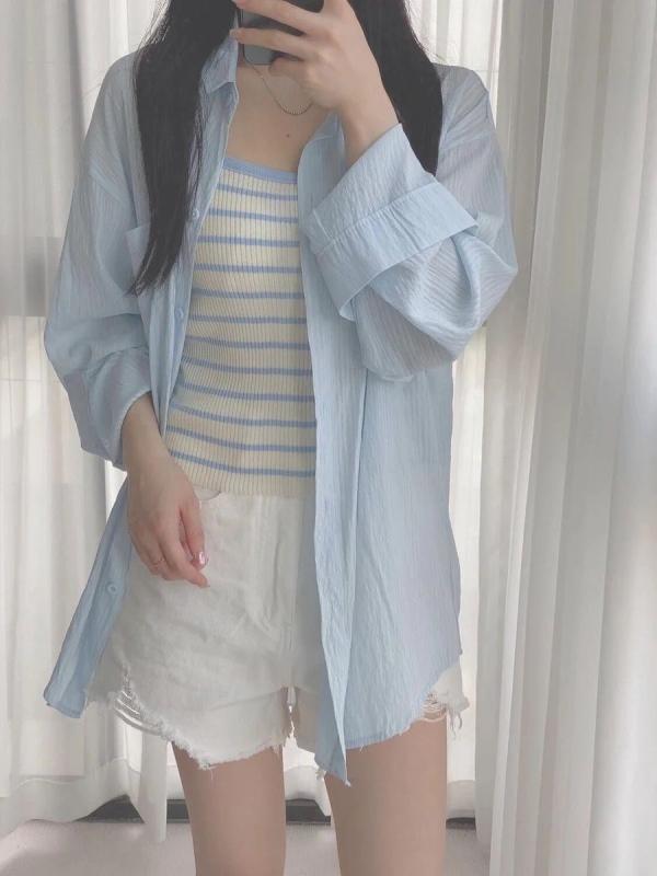 シャツ レディース ゆったり シフォン 青 長袖 春 羽織り カーディガン デザイン UVカット 薄手 トップス ブラウス 透け感 きれいめ カジュアル オフィス vision-stores-10433691 ビジョンストア パッケージ画像