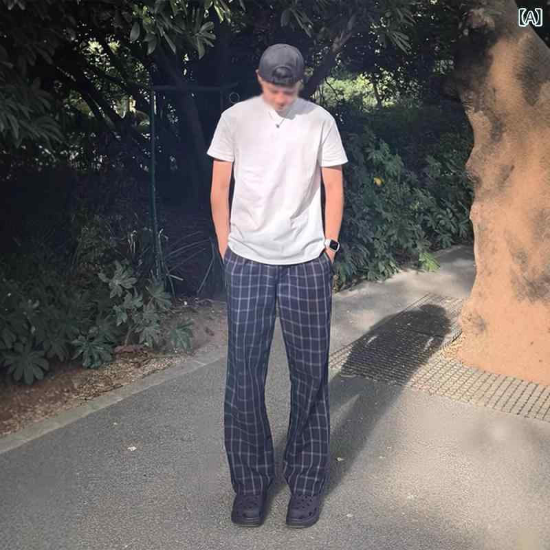 カジュアルパンツ メンズ ズボン チェック柄 美脚 微ラッパ 湾刀パンツ ストレート 楽ちん 涼しい 接触冷感 薄手 運動用 スポーツ ボトムス 通気性 伸縮性 普段使い 部屋着 アウトドア グレー ブラック カーキ グレー - 2