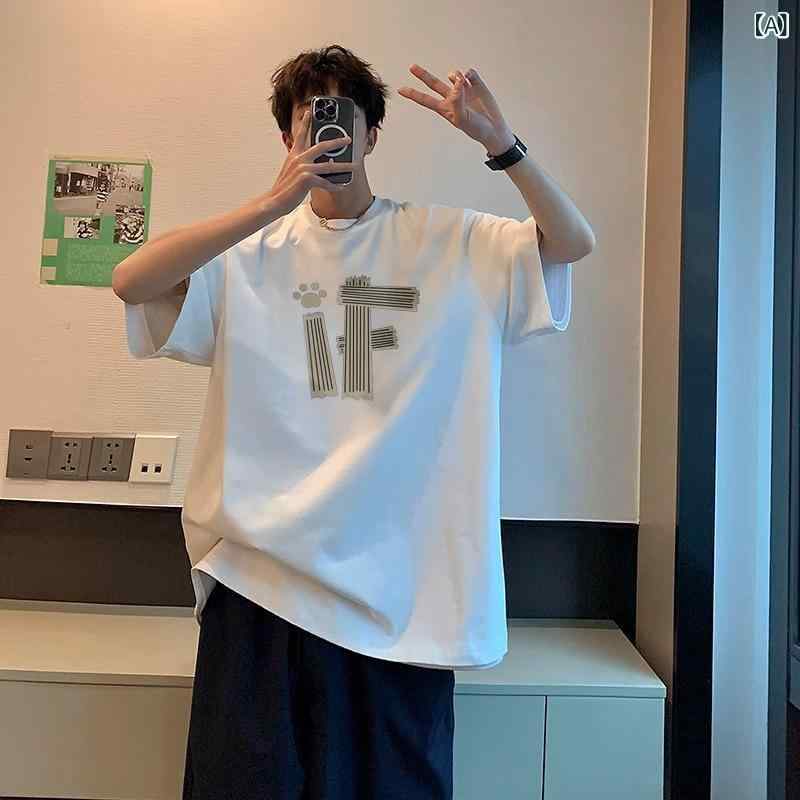 ・カテゴリ: Tシャツ・スタイル: 港風（香港スタイル）・主な素材: 綿96%以上・柄: アルファベット・シルエット: ルーズフィット・ネックライン: クルーネック・袖丈: 半袖・仕様: フードなし、薄手・デザイン詳細: プリント・プリントテーマ: 幾何学模様・加工: プリント、染色・カラー展開: ホワイト、ブラック、ホワイトグレー、ネイビー、ダークグレー・サイズ展開: S、M、L、XL、XXL、XXXL・袖型: レギュラースリーブ・重量: 約230g・対象: メンズ、大人、青少年