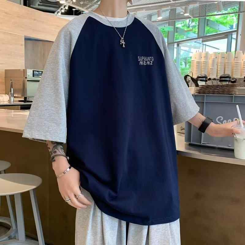 Tシャツ メンズ 半袖 カットソー トップス 五分袖 ラグラン スリーブ バイカラー 配色 切替 アルファベット 英字 プリント ゆるT ビッグシルエット オーバーサイズ ゆったり 部屋着 ルームウェア 薄手 綿 コットン 綿 カジュアル ストリート