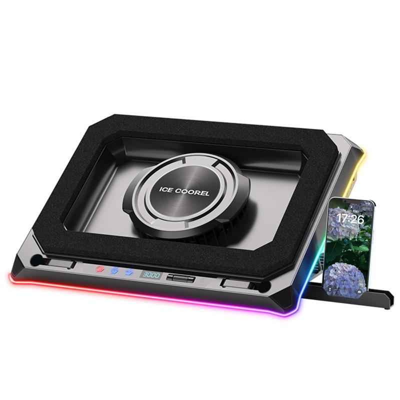 OUSEITECH ノートパソコン冷却パッド 冷却ファン RGBライト ターボブースト技術急速冷却48度 15-21インチに対応 冷却台 (無段階風量調整/14cm大口径遠心ファン/4 in 1 USBハブ/LED ディスプレイ) 30