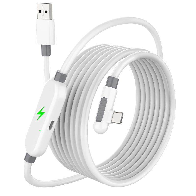 Dalugo Quest向け Linkケーブル 5m 60W急速充電ポート付き リンクケーブル 対応Quest3s/Quest3/Quest2【最大60W充電対応｜遊びながらでも安心して充電できる急速充電機能搭載】 本VR Linkケーブルは、従来の純正Quest用リンクケーブルでは実現できなかった「プレイ中の急速充電」を可能にしました。このリンクケーブルのType-Cポート経由で最大60Wの高出力充電をサポートし、VRコンテンツを楽しんでいる最中でもバッテリー残量を気にする必要がありません。プレイ時間に制限を感じることなく、没入感豊かな仮想体験を長時間にわたりお楽しみいただけるVR リンクケーブルです。ご注意：急速充電機能をご利用いただくためには、別途で急速充電器およびType-Cケーブルをご用意いただく必要があります。【USB 3.2規格対応｜5Gbps超高速データ伝送で遅延少ないのリアルなVR体験を実現】 本Type-Cクエスト向け link ケーブルはUSB 3.2インターフェースを搭載し、最大5Gbpsのデータ転送速度を実現。PCとVRヘッドセットの間でのデータ伝送が高速かつ安定しており、2.5〜3.2Gbpsの帯域幅を確保することで、高解像度・高リフレッシュレートでの映像表示が可能になります。このUSB linkケーブルにより、画質の劣化や遅延を感じることなく、臨場感あふれるリアルなVR世界をご体験ください。ご注意：Quest用充電リンクケーブルはゲーム用パソコンに搭載されているUSB3.0インターフェースに必ず接続してください。【L 字型 Type-C コネクタ設計｜固定バンドでさらに安定した接続を実現】 本Quest2用リンクケーブルのL字型 Type-C コネクタと VR ヘッドストラップに取り付けるための固定バンドは、人間工学に基づく形状設計を採用。空間的制約を緩和し、物理的ストレスを軽減するだけでなく、リンクケーブルとVRデバイスの接触性を高め、より安定したUSB接続を実現する優れた構造となっています。VRゲーム中のUSB リンクケーブルの抜けを確実に防止し、激しい動作や長時間のプレイにも耐え、安定した接続を維持。これにより、ストレスのないシームレスなVRゲーム体験をサポートします。さらに、安全設計によってQ uest3s用リンクケーブルの断線や故障リスクも大幅に低減します。【5mの余裕ある長さ＋高純度銅素材｜広いプレイスペースとクリアな信号伝送を両立】 この対応クエスト3s用のLinkケーブルは5mと十分な長さを備え、室内での自由な動きをしっかりサポートします。プレイ中に動作が制限される心配がなく、より広い空間でVRを満喫できます。USB リンクケーブルの内部には高純度の銅芯を採用しており、電気抵抗が低く、データ損失を最小限に抑えています。さらに銀メッキなどの高級素材を活用することで、伝導性と耐久性を高め、長期にわたって安定した信号伝送を実現しています。【幅広い互換性｜主要クエストVR機種とPCとの互換性を確保】 この急速充電リンクケーブルは、主にmeta向け対応Quest 3s/3/2/対応Pico4 Ultra/4 / 3 / 2用、YVRなど市販のVRヘッドセットに対応しています。PC側の接続端子はUSB-A形式で、USB 3.0 / 3.1 / 3.2ポートへの接続が可能です。幅広い互換性により、複数のデバイスを保有されている場合でも、一本で済む最適な選択肢となります。また、本 USB リンク充電ケーブルには 1 年間のメーカー品質保-証が付帯しています。