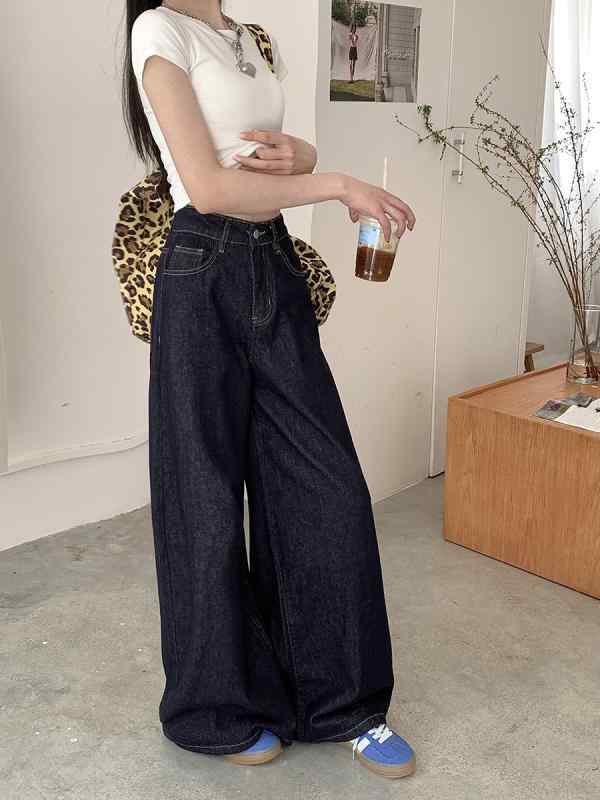 ・カテゴリ: デニムパンツ・素材: 綿、ポリエステル・スタイル: ストレート、ワイド、カジュアル、セクシー・パンツ丈: フルレングス・ウエスト: ハイウエスト・生地の厚さ: 薄手・デザイン特徴: ポケット、高温定型加工・カラー展開: ダークブルー・サイズ展開: S、M、L、XL・伸縮性: なし