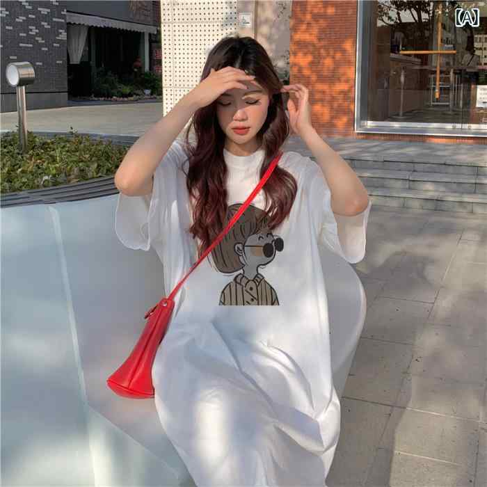 ビジョンストアのワンピース レディース 半袖 睡裙 ルームウェア 部屋着 パジャマ ネグリジェ Tシャツワンピ ロング 膝丈 膝下 ミモレ丈 クルーネック 丸首 プルオーバー 無地 ゆったり 体型カバー 大きいサイズ シンプル カジュアル 春夏 サマー｜アングル2
