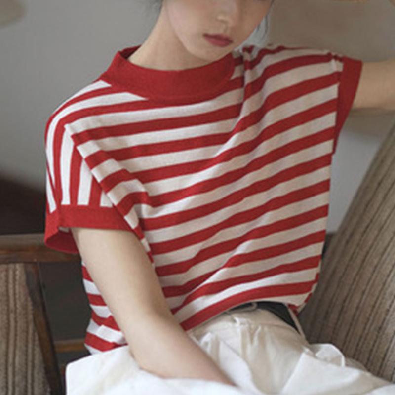 Tシャツ レディース カットソー 半袖 ニット ニットソー 丸首 クルーネック ボーダー バイカラー 配色 切替 コットン 綿 薄手 トップス カジュアル プルオーバー インナー 春物 夏物 春夏
