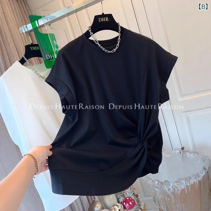 Tシャツ レディース カットソー 半袖 不規則 変形 アシンメトリー ノット ねじり フレンチスリーブ 飛飛袖 クルーネック ラウンドネック ゆったり 大きいサイズ トップス プルオーバー カジュアル きれいめ 伸縮性 通気性 春夏 vision-stores-10238516 ビジョンストア サンプル画像2