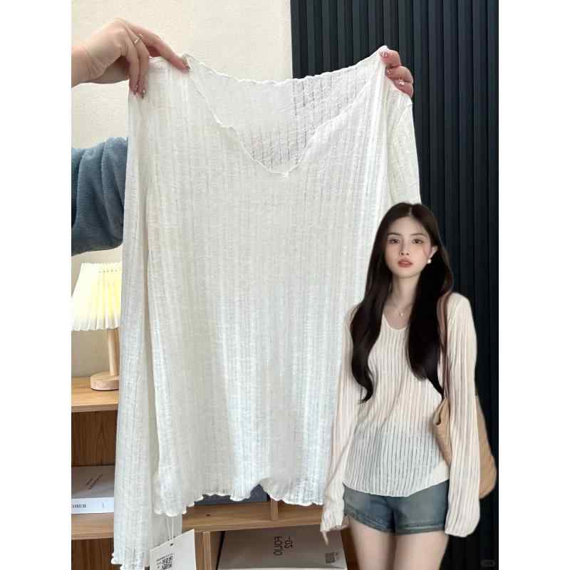 Tシャツ レディース 長袖 V領 防晒服 遮光 紫外線対策 サマーニット フリル トップス カットソー インナー 無地 白 薄手 伸縮性 着痩せ 細見え 普段使い 通学 デート カジュアル フェミニン レイヤード 重ね着 重ね着風