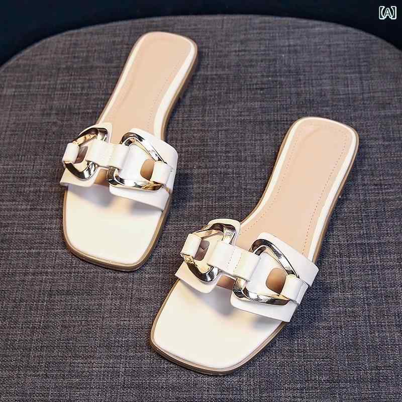 サンダル レディース 夏 外履き 平底 フラット ぺたんこ スリッパ 一字 金属 バックル ソフトソール スクエアトゥ オープントゥ 涼しい スリッポン 履きやすい 歩きやすい 痛くない 疲れにくい カジュアル おしゃれ カジュアル スタイリッパサンダル