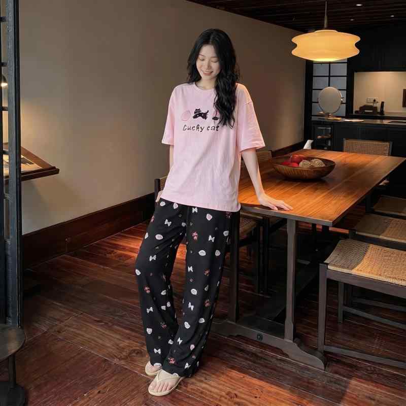 パジャマ レディース ルームウェア 上下セット 半袖 長ズボン 春夏 モダール 柔らかい コットン 綿混 韓国風 かわいい 薄手 通気性 部屋着 寝巻き 快適 リラックスウェア ナイトウェア 無地 シンプル 普段使い 休日 リラックス