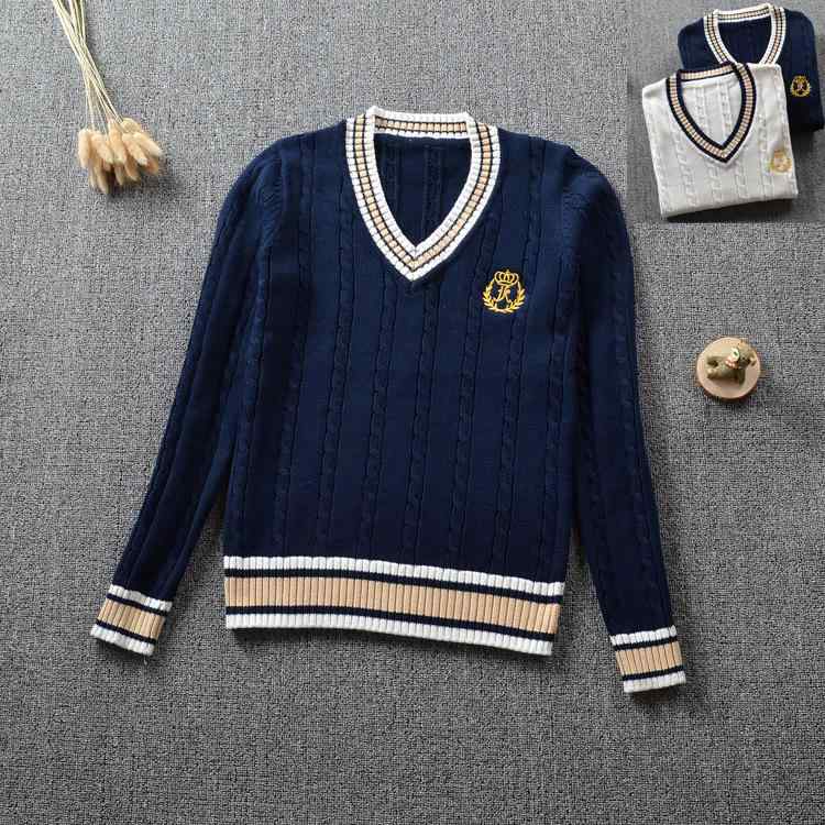 セーター ニット 男女兼用 メンズ レディース スクール Vネック 刺繍 制服 学生服 長袖 トップス プルオーバー 通学 スクールセーター カジュアル 定番 プレッピー 無地 シンプル 秋 冬 秋冬