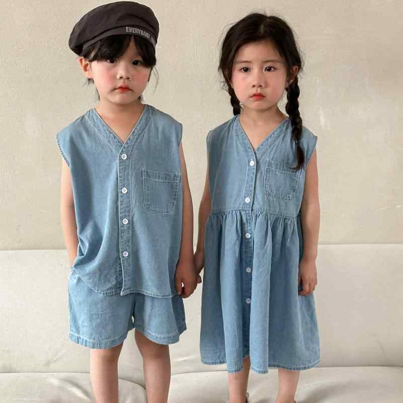セットアップ キッズ 男の子 女の子 半袖 ノースリーブ デニム パンツ ショートパンツ ジーパン ジーンズ トップス ワンピース ノースリーブワンピース カジュアル 普段使い お出かけ 兄弟 姉妹 お揃い ペアルック 春夏
