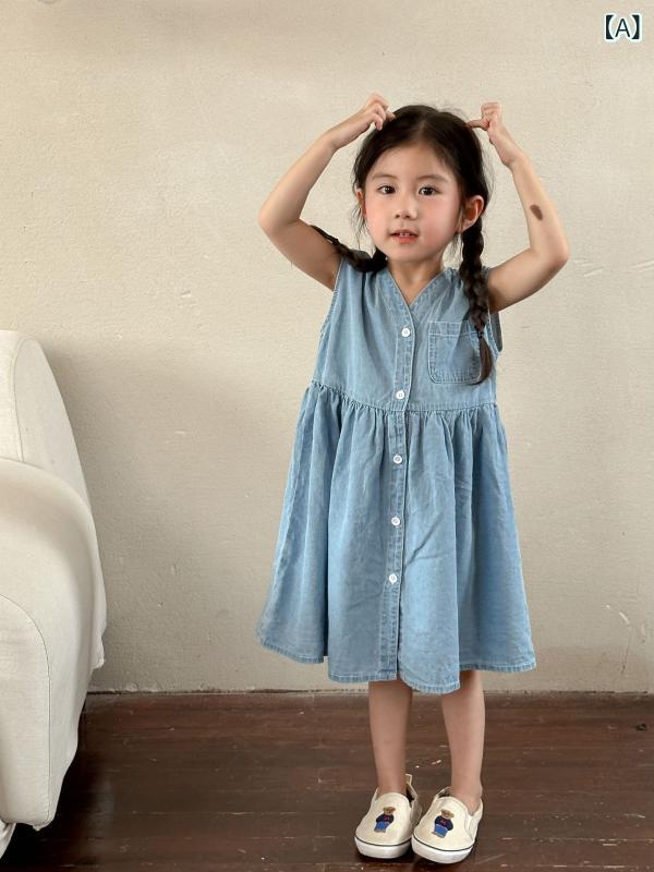ビジョンストアのセットアップ キッズ 男の子 女の子 半袖 ノースリーブ デニム パンツ ショートパンツ ジーパン ジーンズ トップス ワンピース ノースリーブワンピース カジュアル 普段使い お出かけ 兄弟 姉妹 お揃い ペアルック 春夏｜アングル2