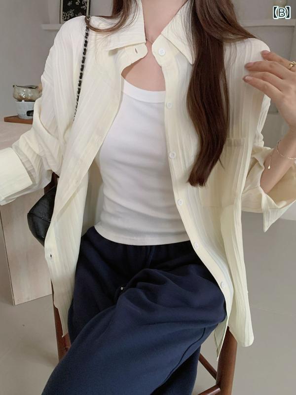 シャツ レディース トップス 襟付き 長袖 接触冷感 日焼け防止 紫外線対策 ルーズ ゆったり 羽織り 無地 カジュアル フェミニン シンプル ナチュラル おしゃれ ブラウス カットソー 普段使い 通勤 オフィス 通学 春夏 ホワイト vision-stores-10262033 ビジョンストア サンプル画像3