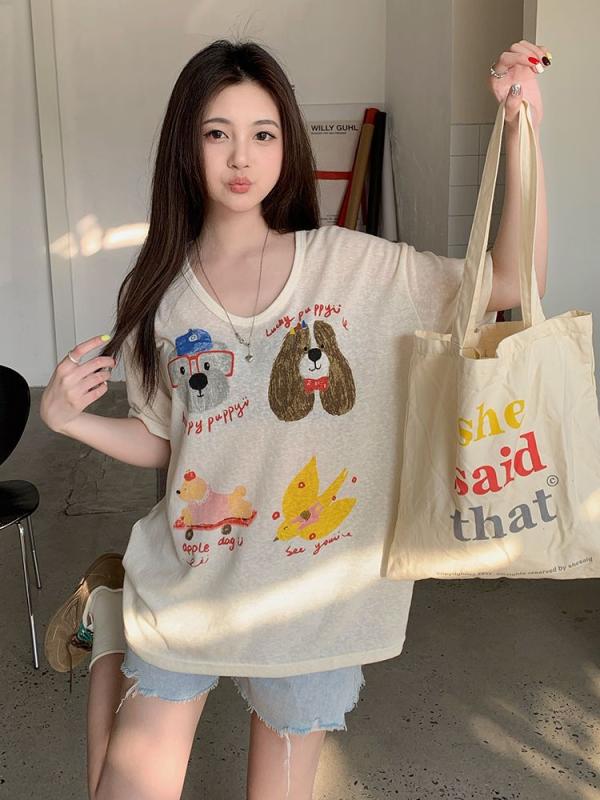 Tシャツ トップス レディース 春夏 半袖 Vネック カットソー プルオーバー ブラウス チュニック ゆるTシャツ ゆったり 大きめ ぽっちゃり 体型カバー 着痩せ プリント 柄物 韓国風 カジュアル 普段使い 通学 通学