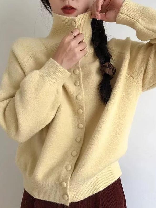ニット カーディガン レディース 秋冬 長袖 ハイネック セーター 羽織り トップス アウター ゆったり 暖かい レトロ 韓国風 ルーズ フィット ポケット付き 防寒 高級感 カジュアル 通勤 通学 日常 デート 普段使い 上品 無地