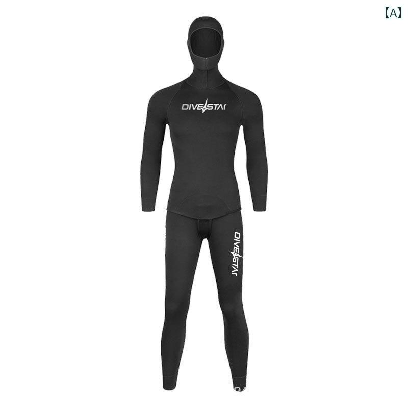 ・カテゴリ: 潜水服・主な素材: CR抗圧海綿（韓国輸入CRクロロプレンゴム、ナイロン、高弾性生地）・機能: 保暖、防刮、耐摩耗、防風、防水母、軽量速乾、柔軟、親肌・柄: 無地・対象性別: ユニセックス・対象年齢: 成年・着用シーン: 自由潜水、漁猟、水肺潜水、シャワークライミング、プールトレーニング、フィットネス、ウィンタースポーツ、フィッシング、マリンスポーツ・仕様・意匠: ブラインドステッチ、シルクスクリーンロゴ、フード付きツーピースセパレート、内側オープンセル・カラー展開: 3mmブラック（ナイロン生地）、3mmブラックアップグレード版（高弾性生地）・サイズ展開: XS、S、M、L、XL、XXL、XXXL