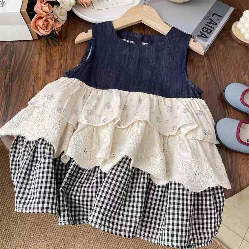 ワンピース 女の子 キッズ ジュニア 子供服 ノースリーブ デニム サンドレス 背中開き ティアード スカート 異素材 切り替え 花柄 チェック柄 格子 フリル ギャザー リボン 涼しい Aライン カジュアル 夏