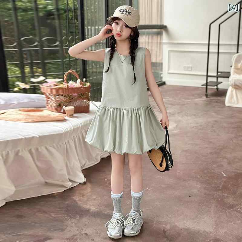 ワンピース キッズ 女の子 子供服 ノースリーブ 背心 ワンピ バルーンスカート Aライン 綿 コットン 薄手 涼しい かわいい おしゃれ カジュアル 夏 サマー