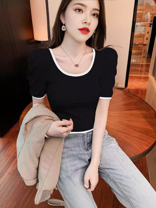 Tシャツ レディース 半袖 Uネック バイカラー パフスリーブ トップス カットソー プルオーバー ショート丈 クロップド丈 スリム タイト コントラストカラー フレンチ レトロ フェミニン セクシー カジュアル 薄手 無地 春夏 vision-stores-10266517 ビジョンストア パッケージ画像