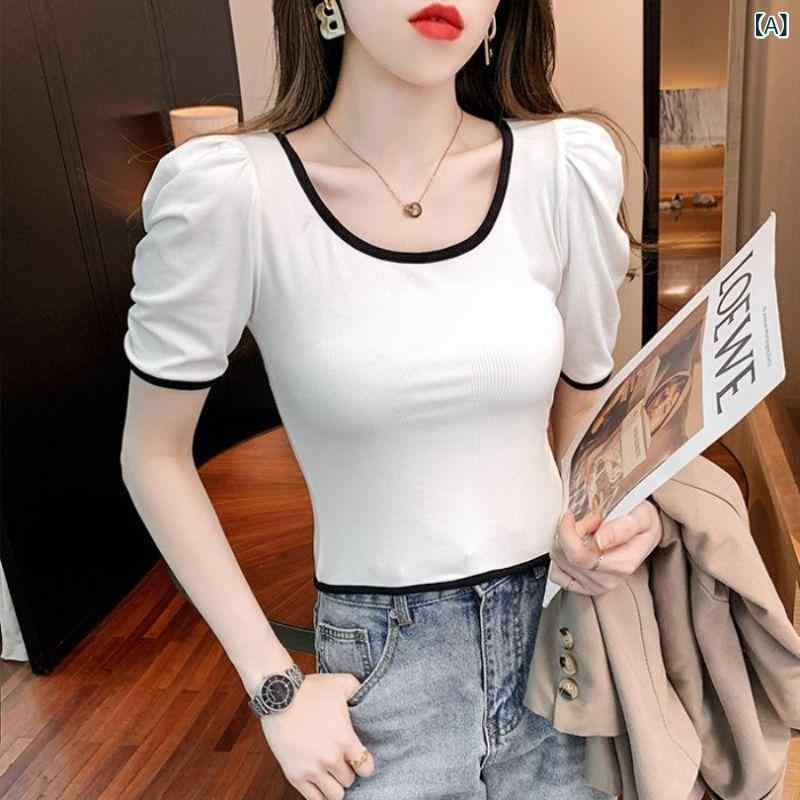 Tシャツ レディース 半袖 Uネック バイカラー パフスリーブ トップス カットソー プルオーバー ショート丈 クロップド丈 スリム タイト コントラストカラー フレンチ レトロ フェミニン セクシー カジュアル 薄手 無地 春夏 vision-stores-10266517 ビジョンストア サンプル画像2