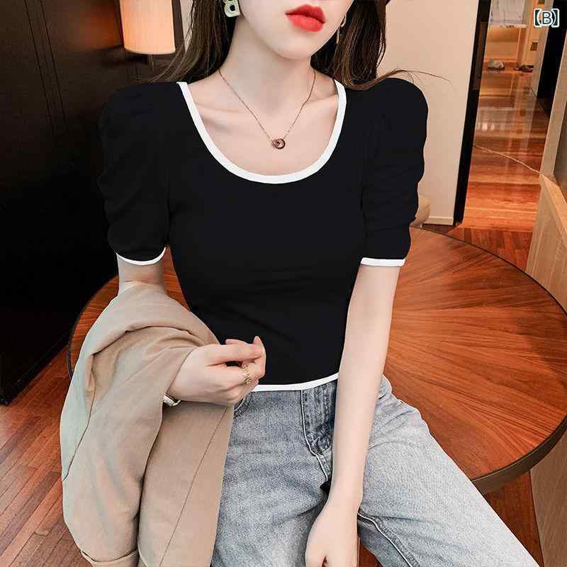 Tシャツ レディース 半袖 Uネック バイカラー パフスリーブ トップス カットソー プルオーバー ショート丈 クロップド丈 スリム タイト コントラストカラー フレンチ レトロ フェミニン セクシー カジュアル 薄手 無地 春夏 vision-stores-10266517 ビジョンストア サンプル画像3