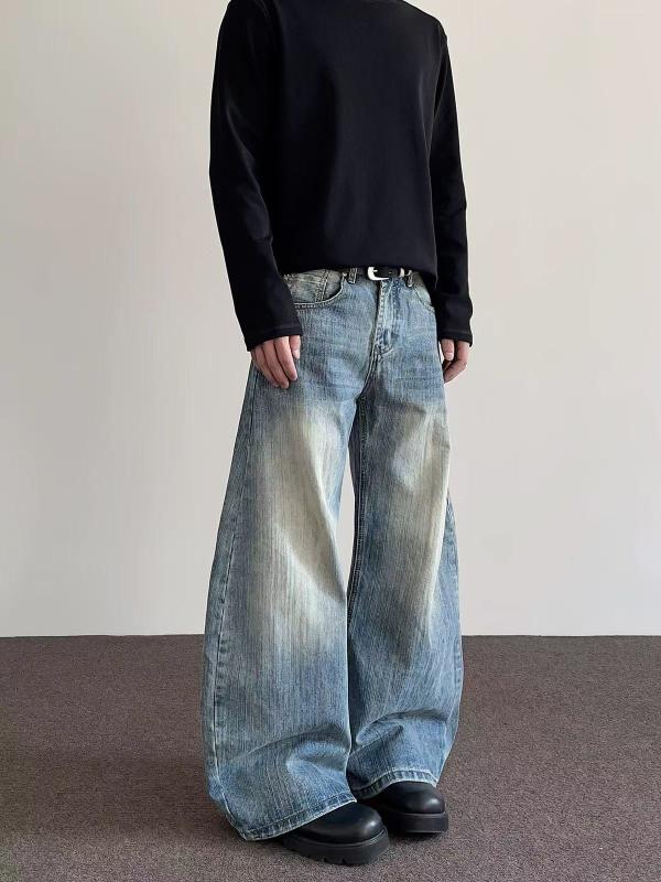ジーンズ メンズ デニムパンツ ジーパン 長パンツ ロングパンツ ボトムス アメリカン ストリート スラブ デニム ヴィンテージ風 加工 立体裁断 ストレート セミフレア ベルボトム ワイドシルエット ゆったり 太め 伸縮性 カジュアル 春用 通学用 普