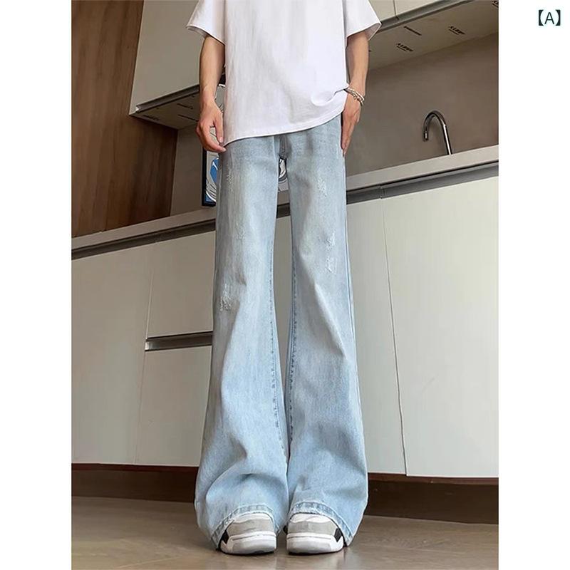 ジーンズ メンズ デニムパンツ ジーパン ロングパンツ ボトムス スリム タイト ベルボトム シューカット ライトブルー ストレート 美脚 脚長 細身 アメリカンヴィンテージ風 ストリート ハイストリート ワイド 湾刀パンツ ワークパンツ 普段使い vision-stores-10269545 ビジョンストア サンプル画像2