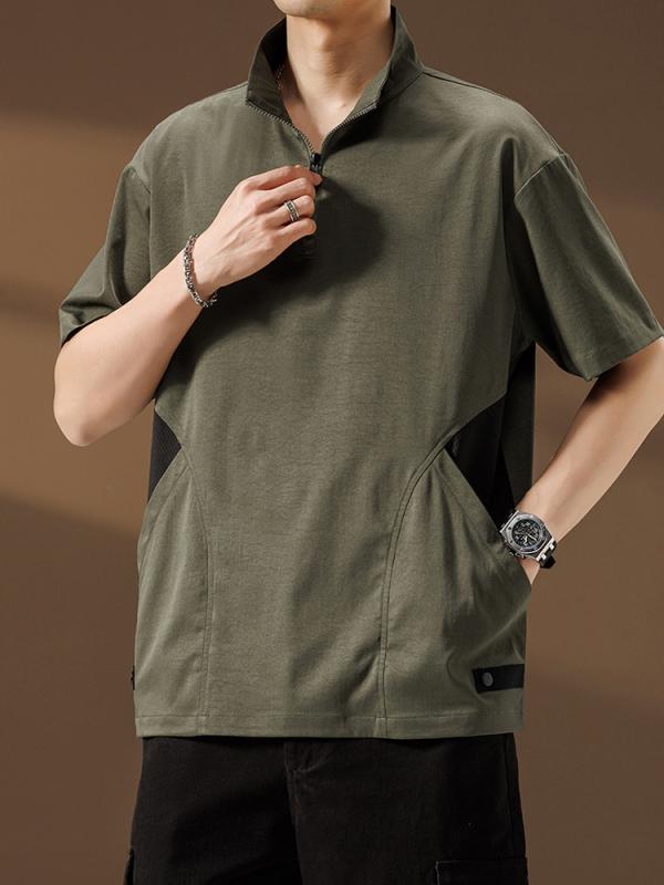 Tシャツ メンズ ポロシャツ ハーフジップ 立ち襟 半袖 接触冷感 吸湿速乾 ビッグシルエット ワークスタイル アメリカン カジュアル 無地 オールシーズン・カテゴリ: Tシャツ・スタイル: カジュアル・主な素材: ポリエステル100%・版型: 宽松型・襟型: 立領・袖丈: 半袖・フード: なし・厚さ: 薄手・素材名称: アイスシルク・用途: 日常・デザイン: ポケット装飾・加工: 形態安定・カラー展開: 浅灰,軍緑,黒,青・サイズ展開: M,L,XL,2XL,3XL,4XL,5XL,6XL,7XL,8XL・重量: 約180g-250g・機能: 速乾、透気・対象年齢: 大人・性別: 男性